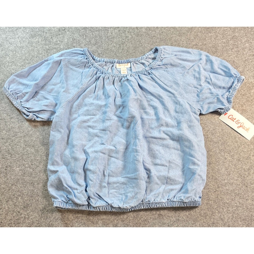 Cat & Jack Girls Light Wash Denim Look Bubble Hem Blouse Top Size L 10/12 NWT